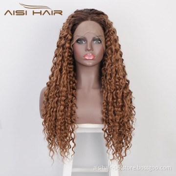 Aisi Hair New Design Long Wavy Ombre Brown Wig Afro Kinky Curly Swiss Lace Wig Curly Wave Lace Frontal Hair Wigs For Black Women